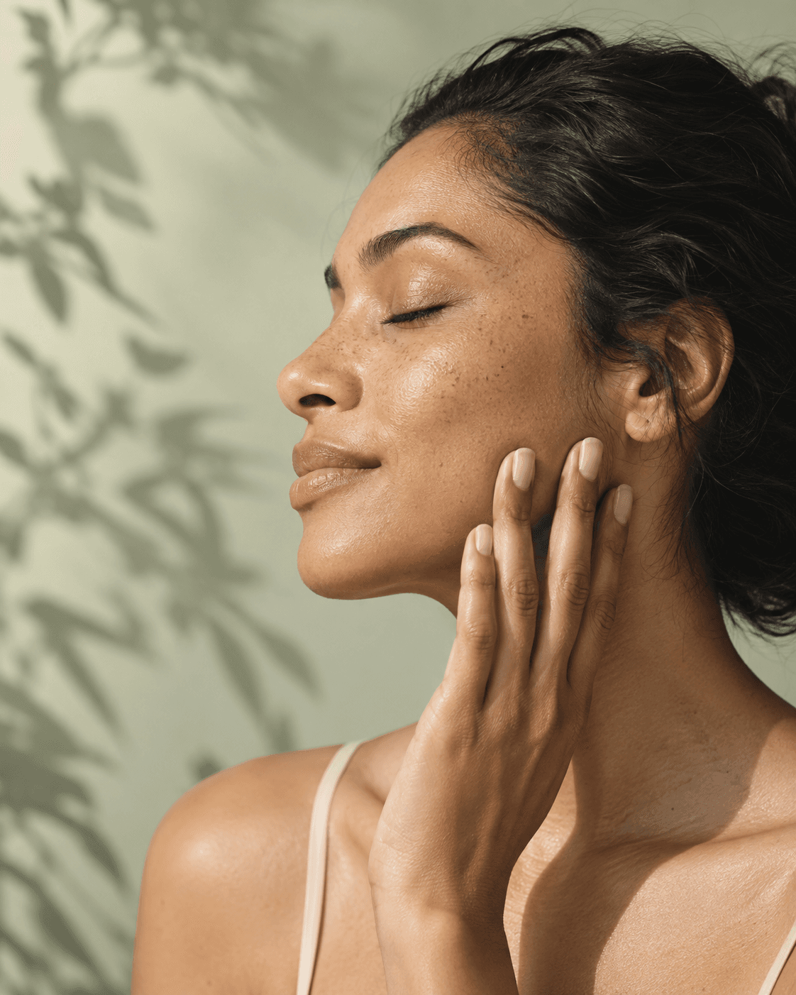 Editorial illustration of a woman resting her hand gently on her cheek in soft natural light